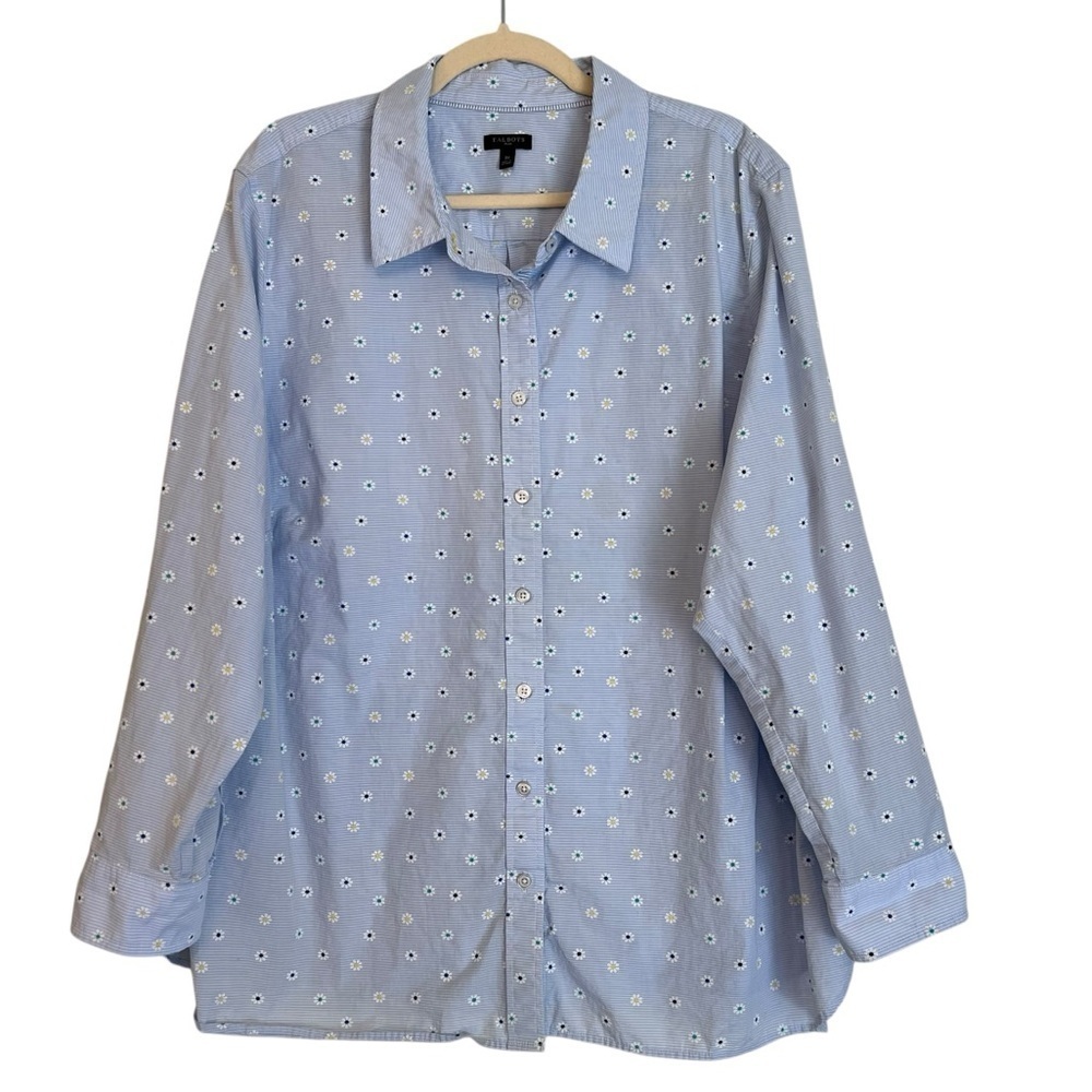 Talbots Cotton Poplin Button Front Blouse Daisy Stripe Blue 3X Spring Floral